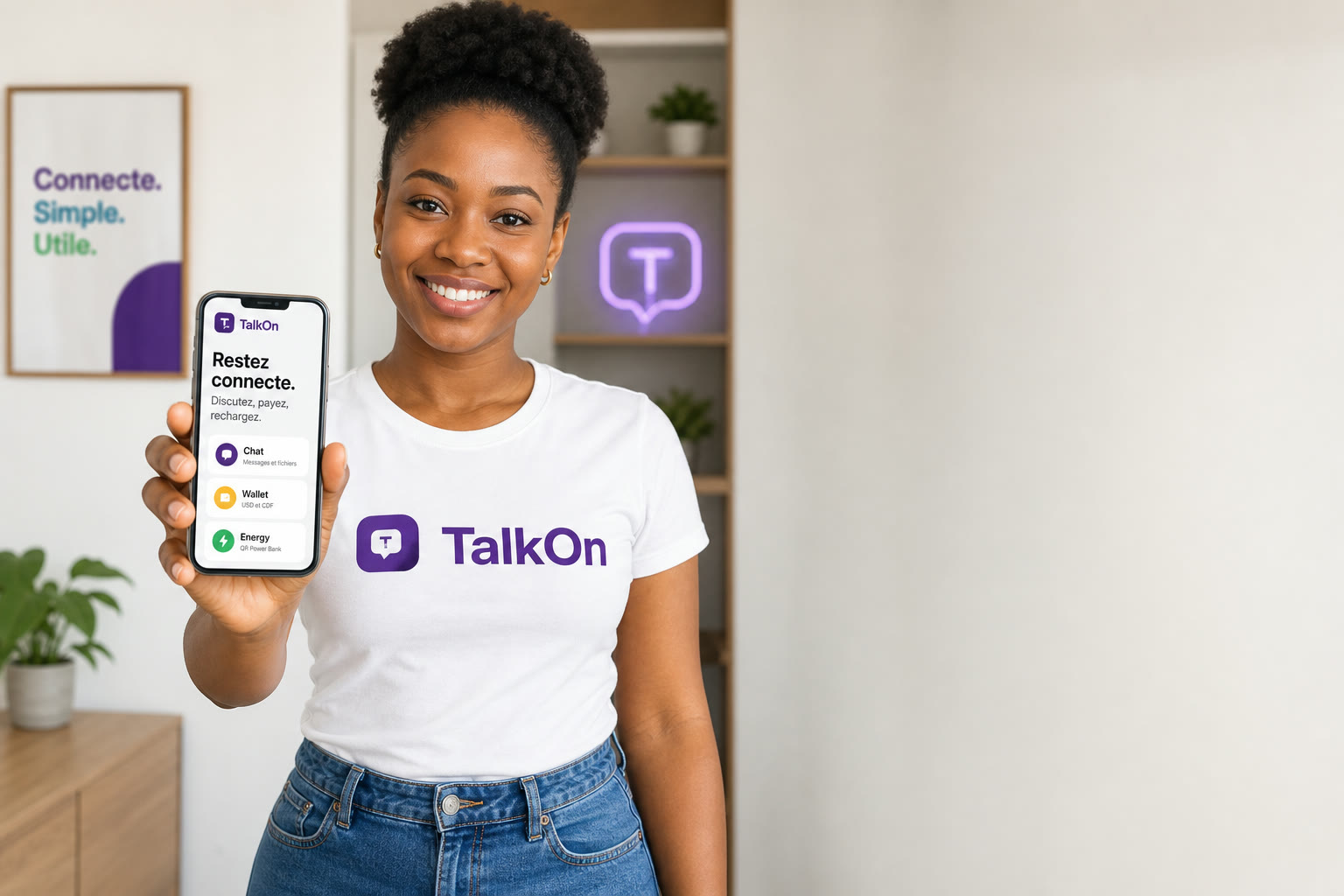 Femme souriante portant un t-shirt TalkOn et montrant l'application sur son telephone